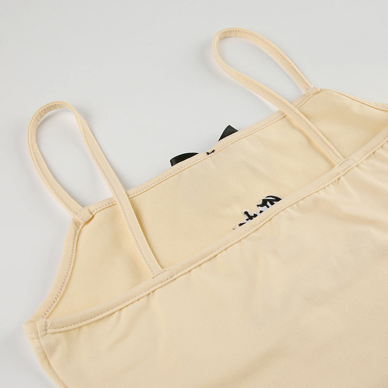 Hottie Bow Stitching Letter Embroidered Strap Slim Top