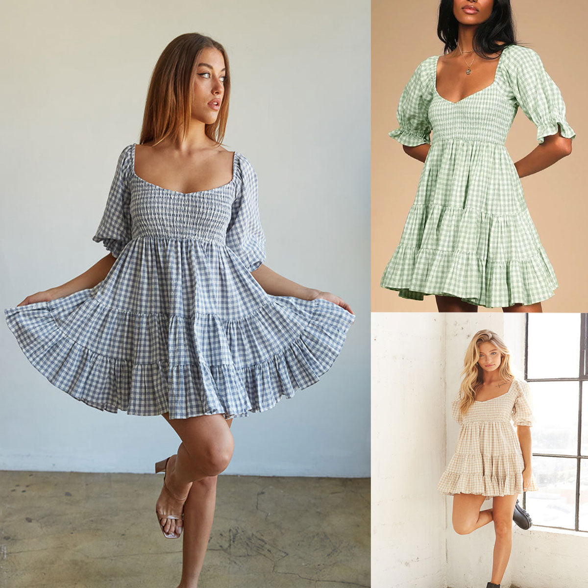 Square Collar Short Sleeve Plaid High Waist Dress