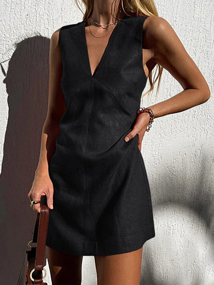 V-neck Cotton And Linen Sleeveless Dress Women's Solid Color Dress