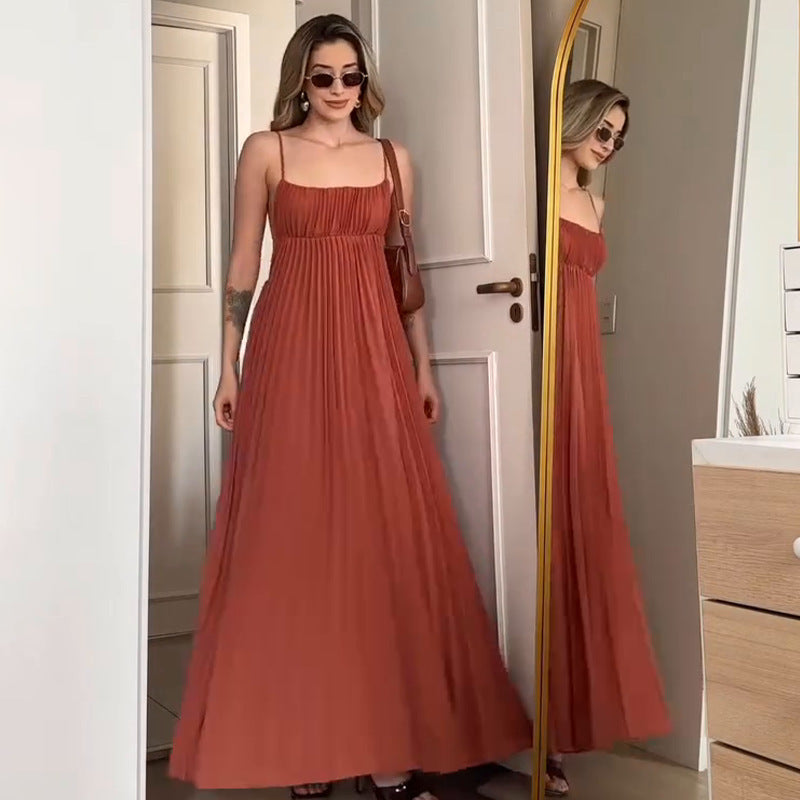 Vacation Spaghetti Straps Pleated Dress