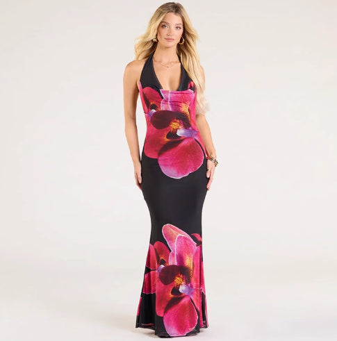 Slim Fit Floral Mesh Suspender Scarf Collar Backless Dress