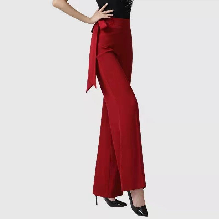 Ribbon Female Draping Effect Solid Color Straight-leg Pants