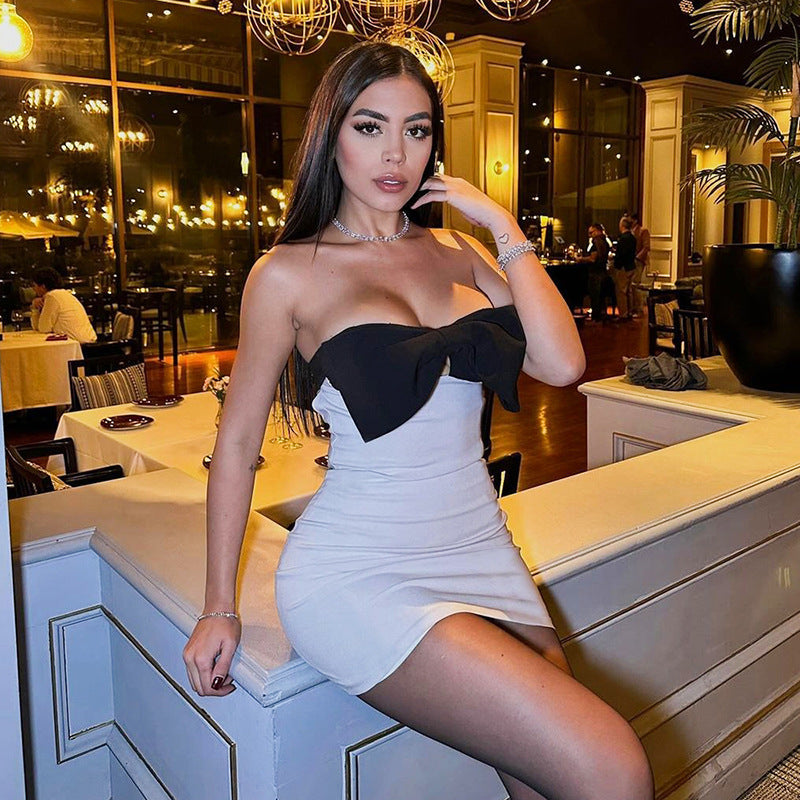 Women's Big Bow Color Contrast Patchwork Hollow-out Tube Top Tight Dress