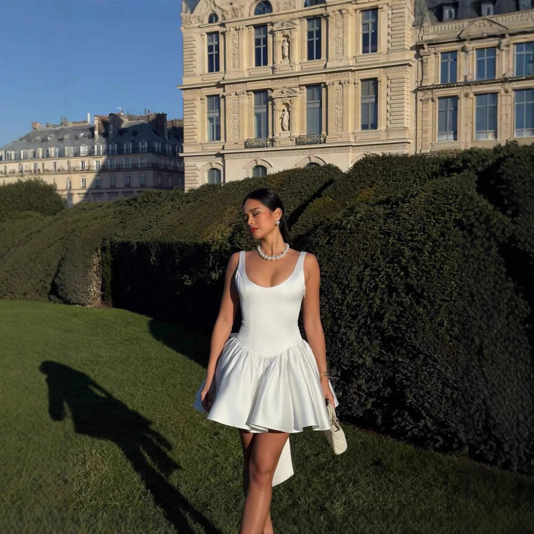 White Backless Bow Sleeveless Mini Dress