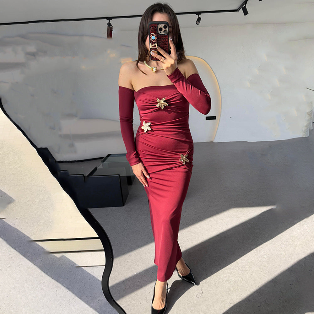 Women's Pleated Long-sleeved Dress Fashionable Slim Dress