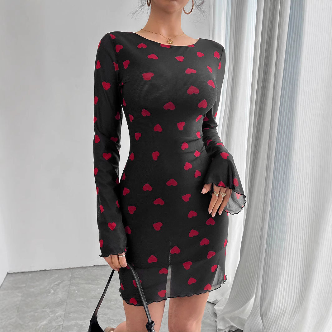 Heart Printing Flare Sleeve Backless Mesh Dress