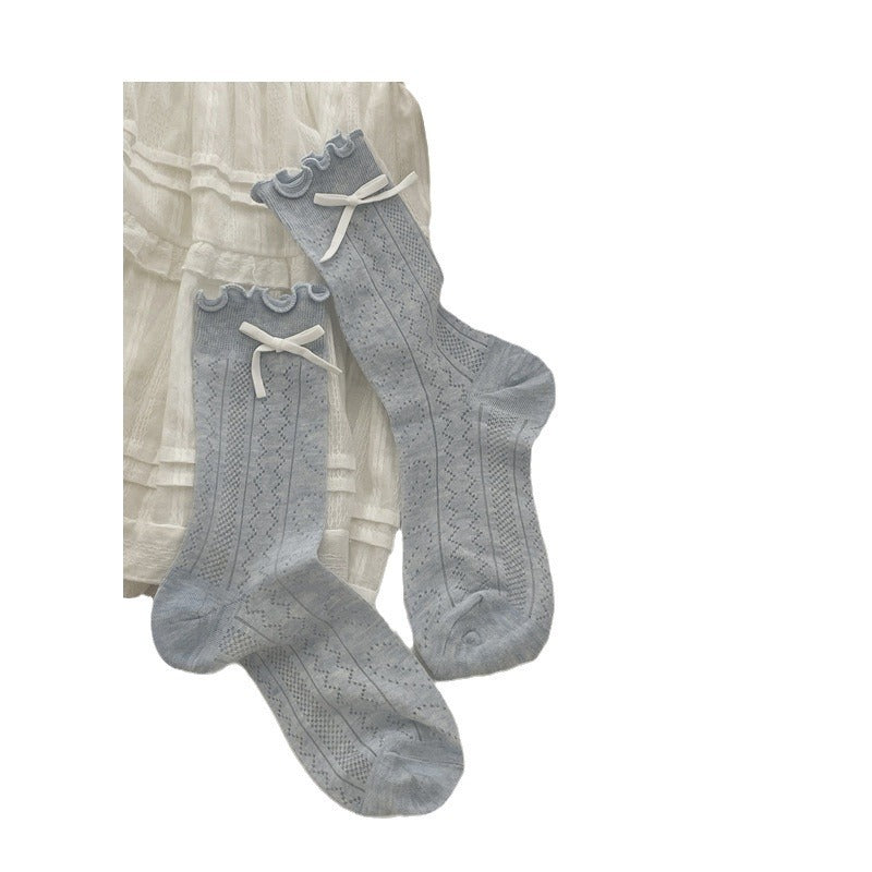Thin Mesh Solid Color Bow Mid-calf Length Loose Socks Breathable Sweat Absorbing