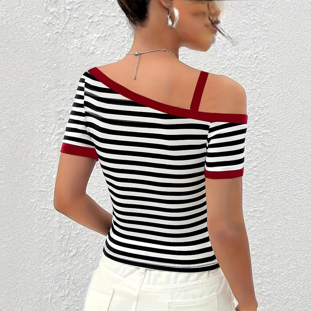 Women's Summer New Contrasting Color Slanted Shoulder Short Sleeved Striped Top