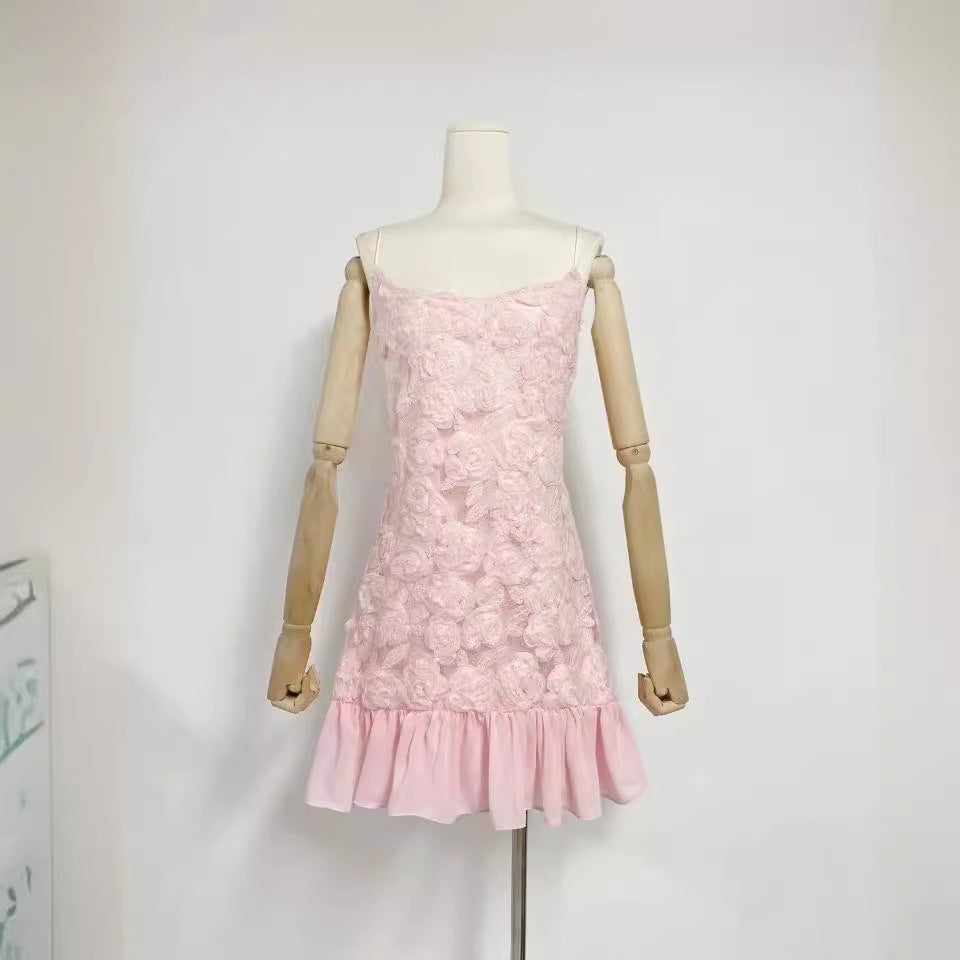 Three-dimensional Rose Splicing Sling Dress