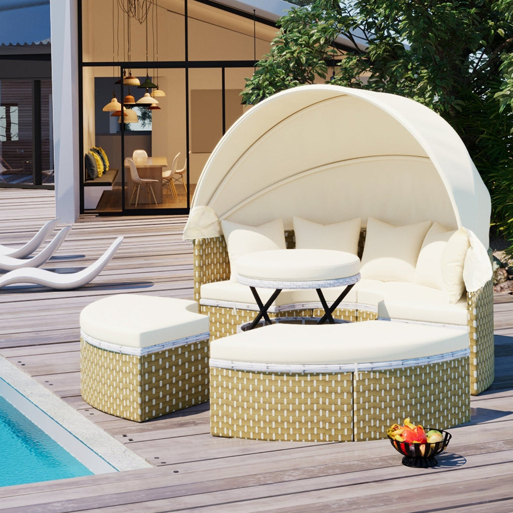 Patio Furniture Round Outdoor Sectional Sofa Set Rattan Daybed Two-Tone Weave Sunbed With Ret