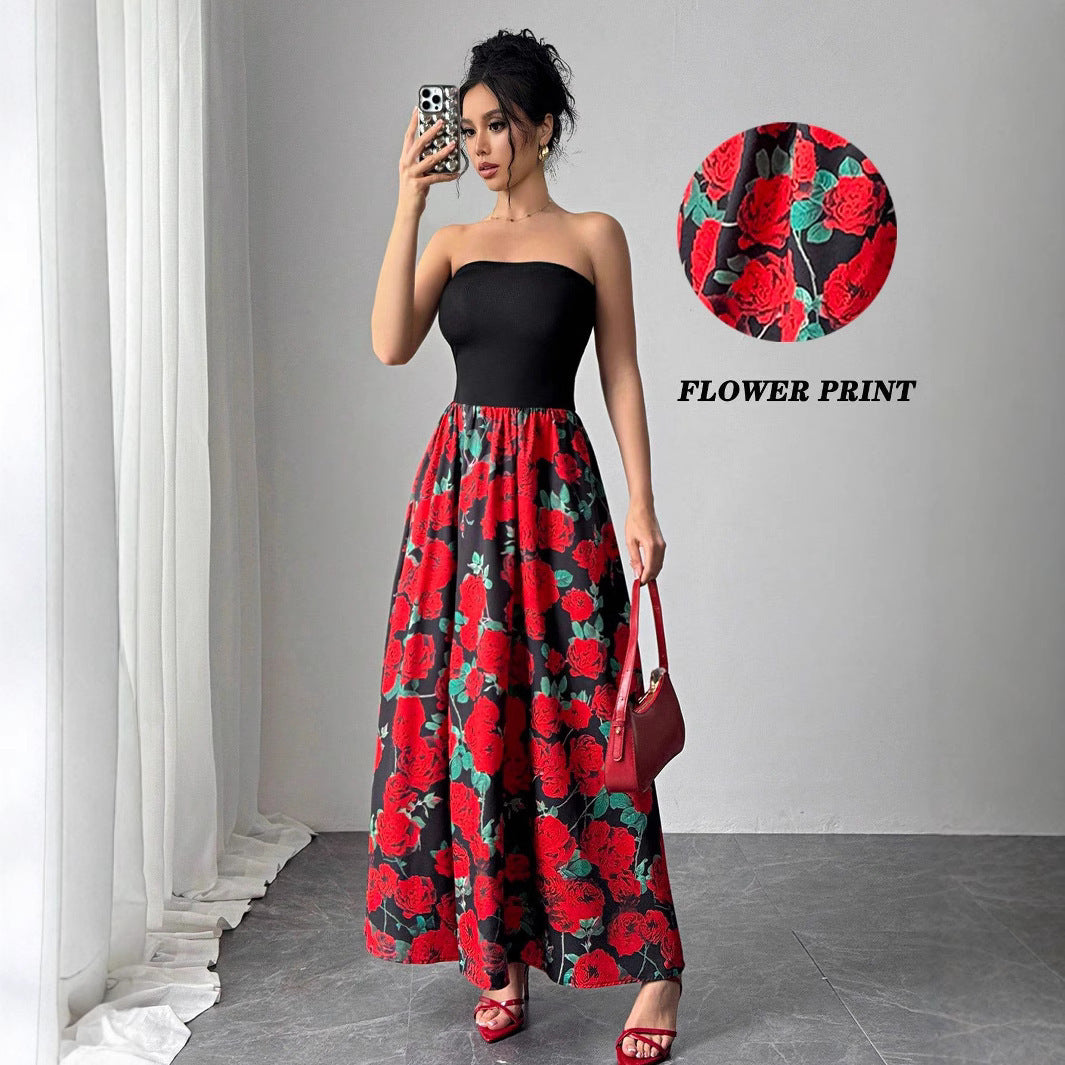 Elegant Women's Rose Print Short Stitching Bandeau Sexy Long Dress
