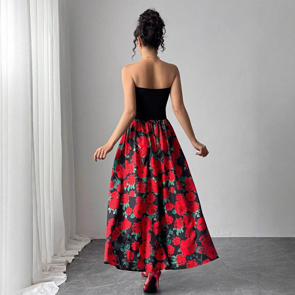 Elegant Women's Rose Print Short Stitching Bandeau Sexy Long Dress