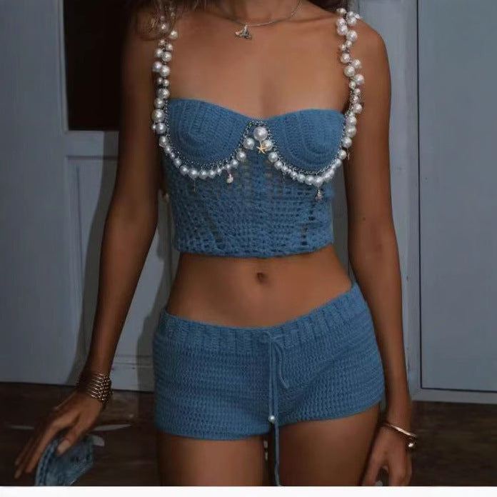 Sexy Solid Color Crop-top Spaghetti-strap Beading Top