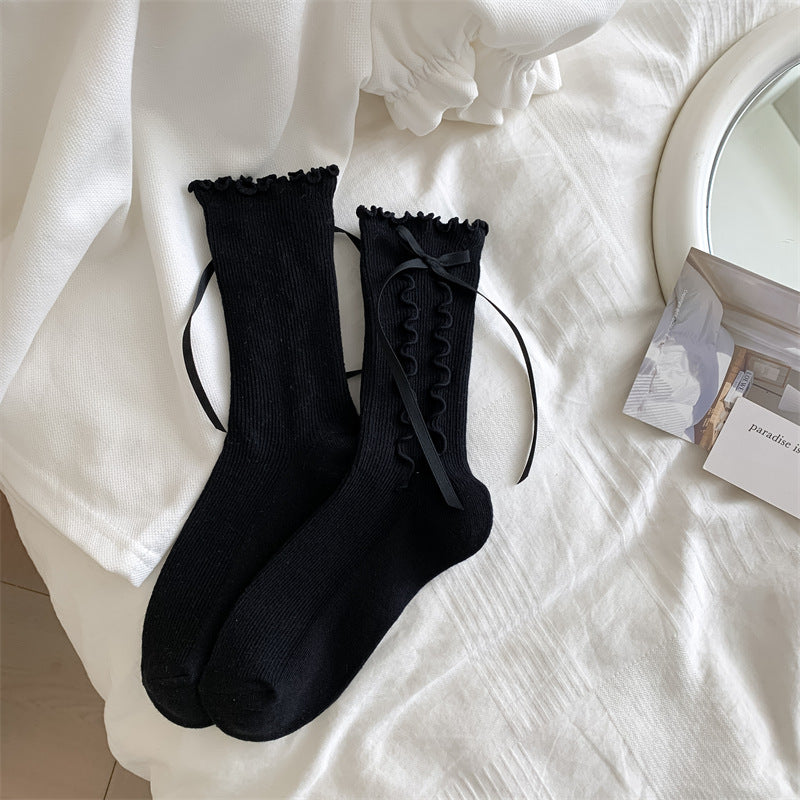 Girly Style Side Wooden Ear Bow Ribbon Female Middle Tube Socks