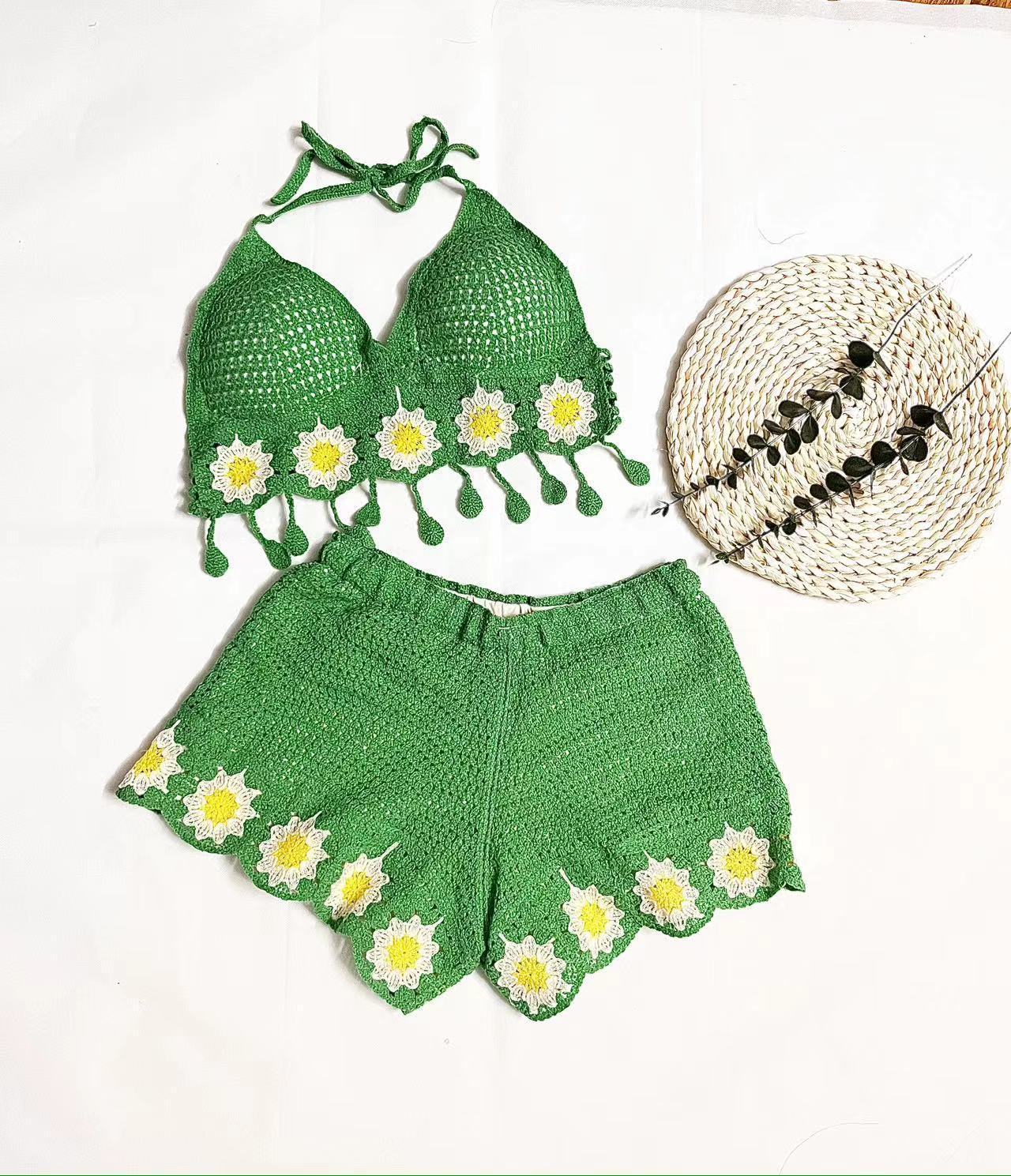 Vacation Style Woven Cutout Sling Slimming Shorts Suit