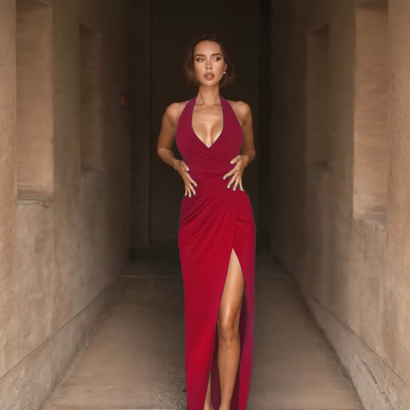 Women's Sling V-neck Halter High Slit Dress