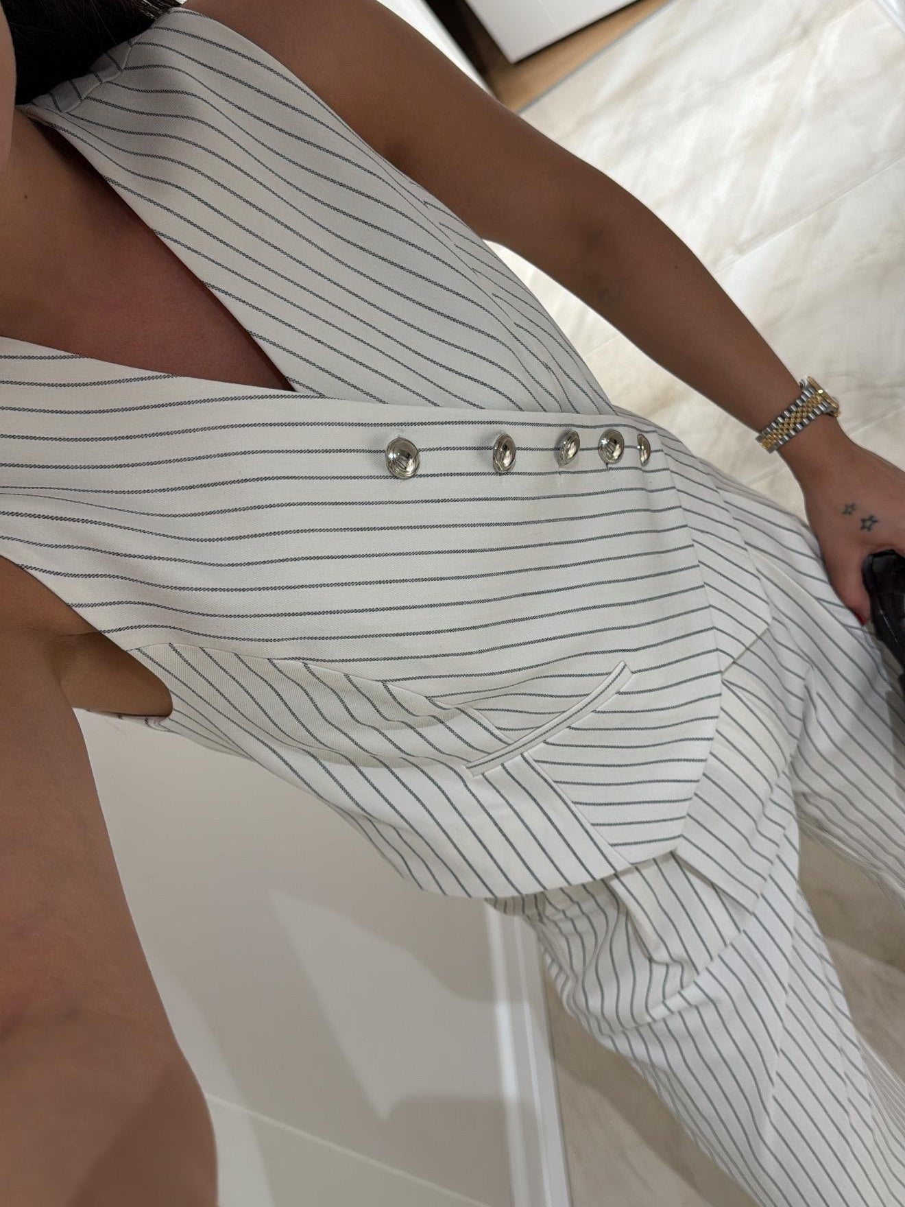 White Striped Asymmetric Cut Double Breasted Collar Vest Pants Set