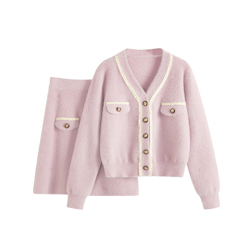Cardigan Long Sleeve Knitted Two-piece Suit Skirt