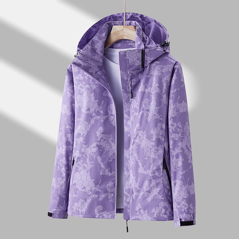 Printed Hooded Windbreaker - Solid Color Zip-up Jacket Waterproof Windproof Outwear