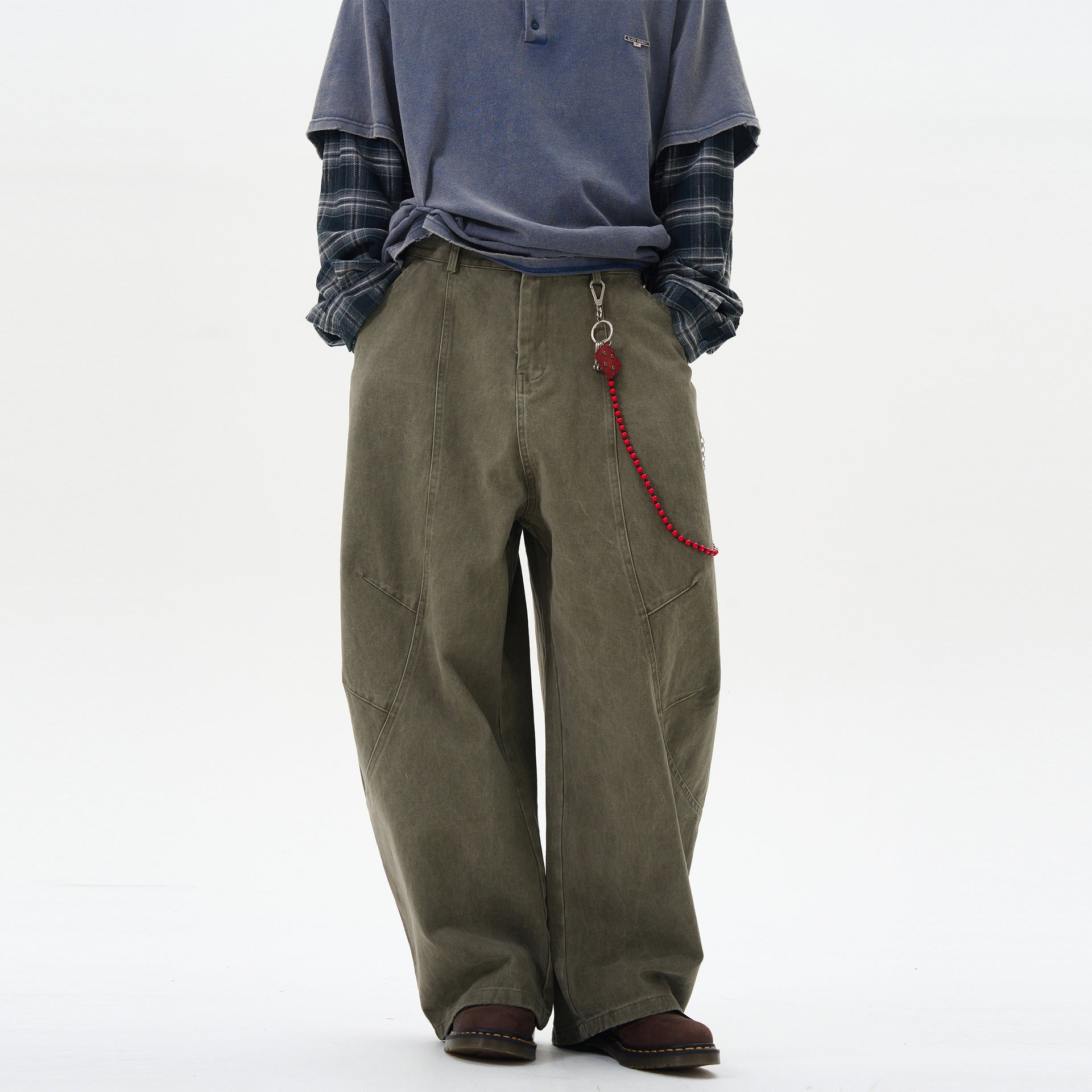 Retro Green Brown Loose Matchet Pants Women