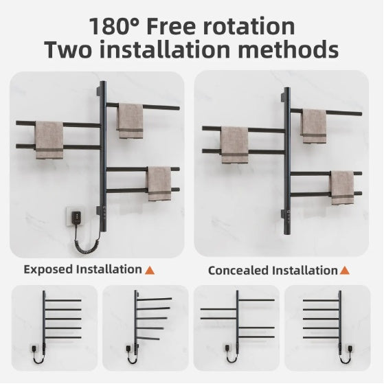 Electric Towel Warmer  Rotating Heated Towel Rack With 1 9H Timer  85W Wall Mounted 5 Bars Electric Towel Rail Concealed Installation Towel Warmer For Bathroom Black