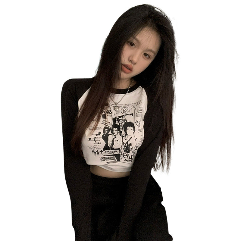 Stitching Contrast Color Cotton Printed Short Top Tight-Fitting Long-Sleeved T-shirt Women Grunge Clothes