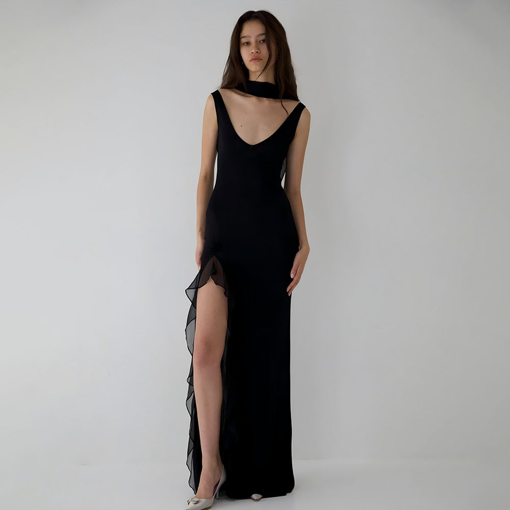 Ribbon Women Backless High Slit Dress