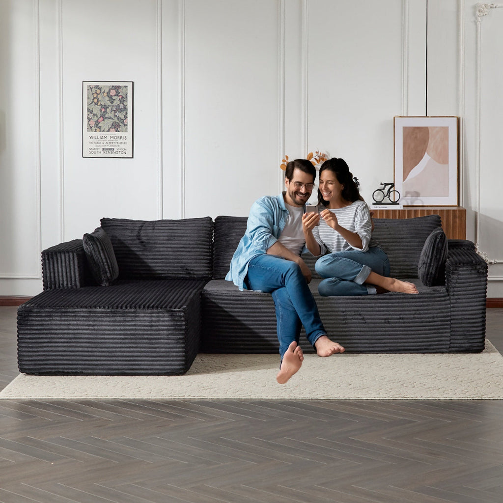 Compression Sectional Couch With Comfy Chaise, Boneless L Shape Sofa With Deep Seat, Minimalist Modular Couches Sleeper