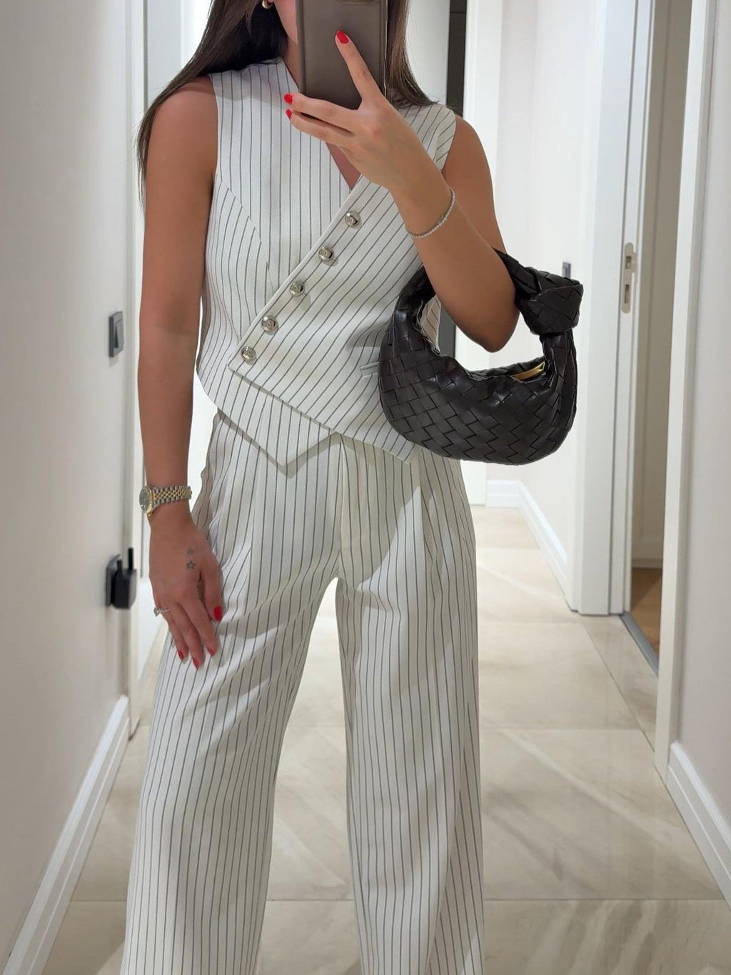 White Striped Asymmetric Cut Double Breasted Collar Vest Pants Set