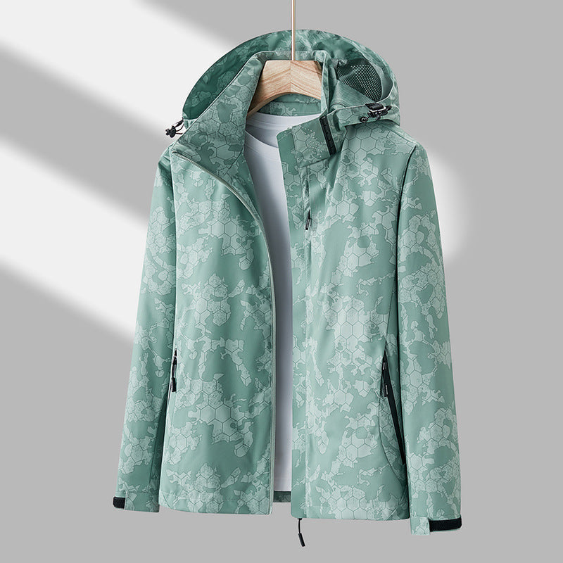 Printed Hooded Windbreaker - Solid Color Zip-up Jacket Waterproof Windproof Outwear
