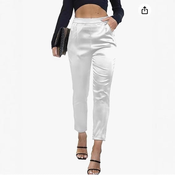 Women's Comfortable Pocket Straight High Waist Acetate Pants