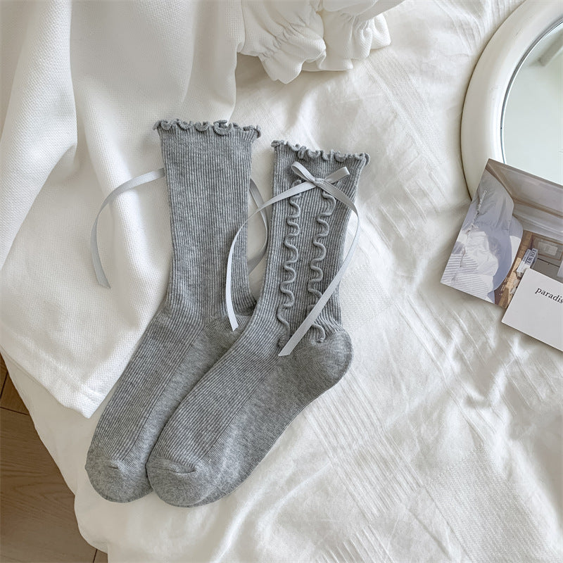 Girly Style Side Wooden Ear Bow Ribbon Female Middle Tube Socks