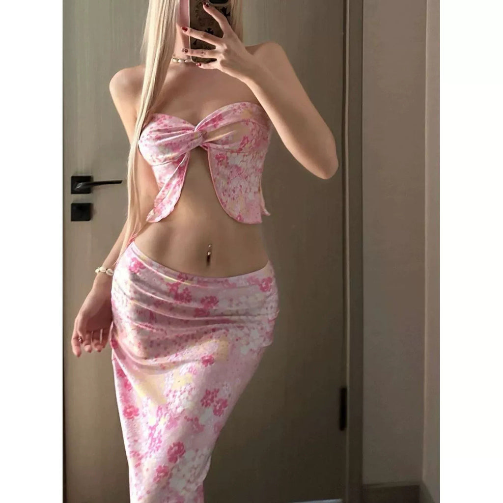 Vacation Printing Tube Top Dress Slimming Sexy With Breast Pad