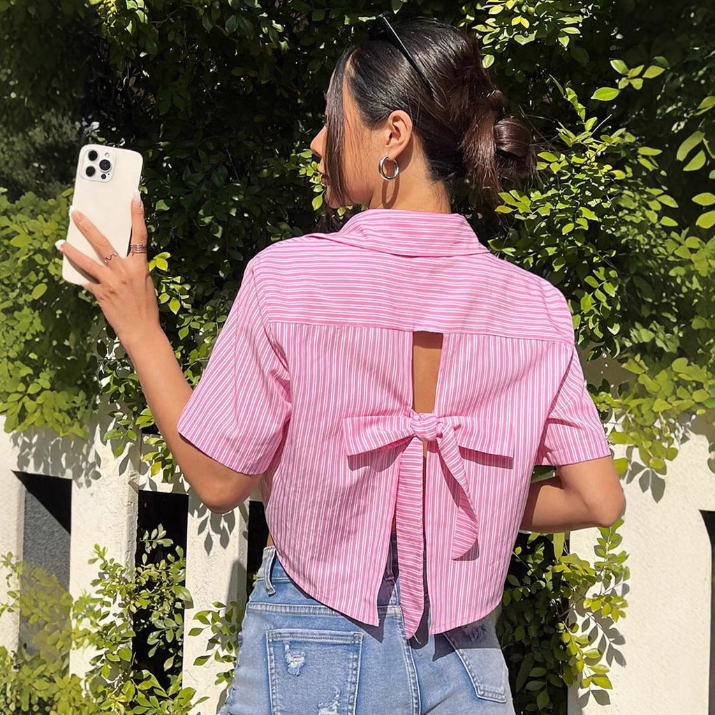 Women's Striped Back Bow Short-sleeved Shirt