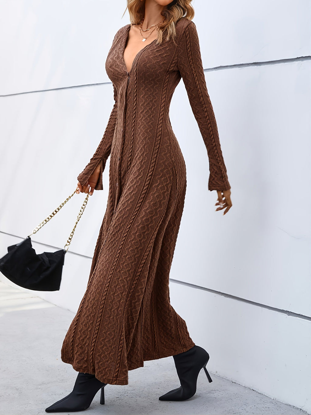 Elegant Buttons Slit Long Dress, Casual Deep V Neck Long Sleeve Waist Long Dresses