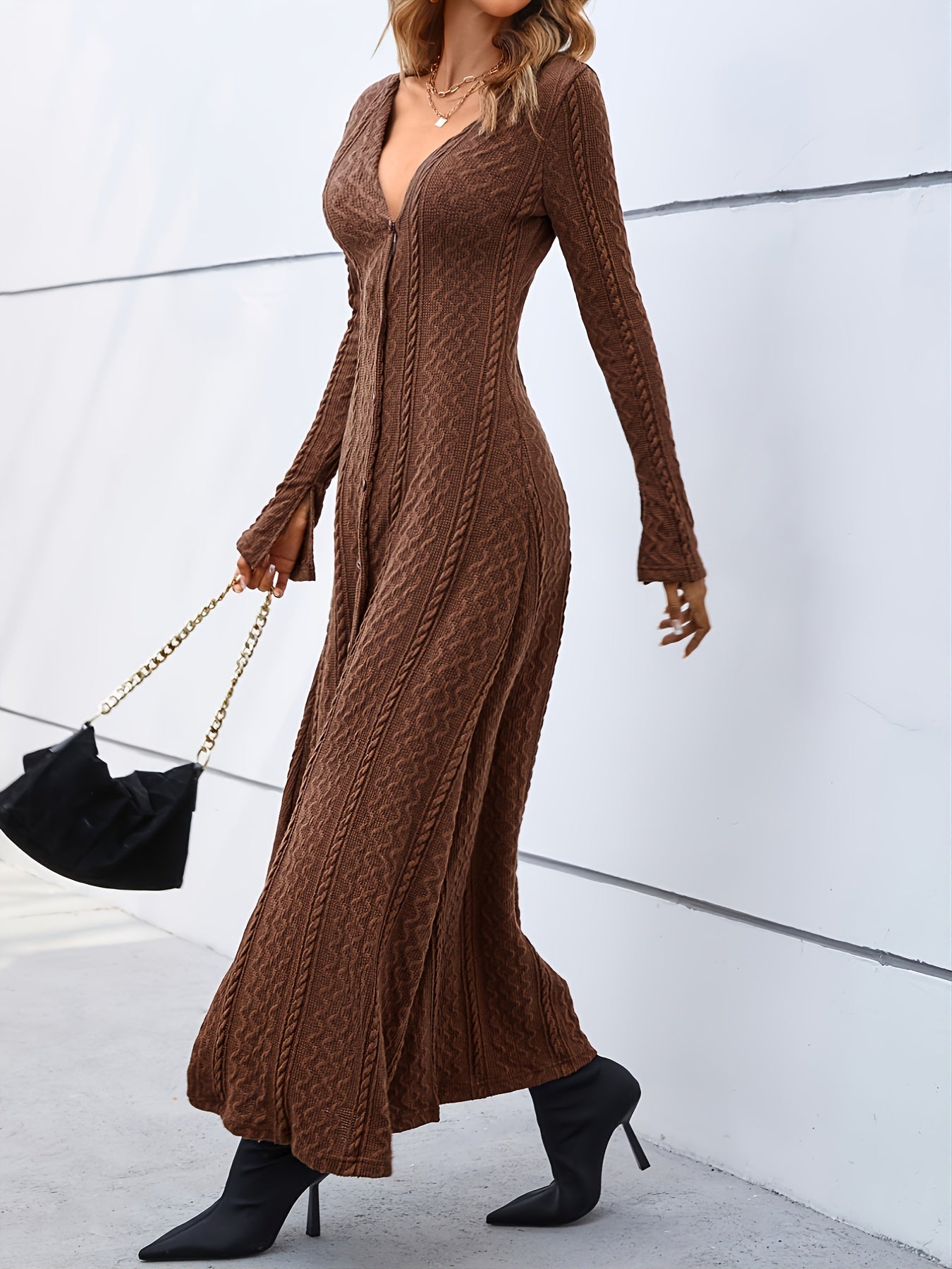 Elegant Buttons Slit Long Dress, Casual Deep V Neck Long Sleeve Waist Long Dresses