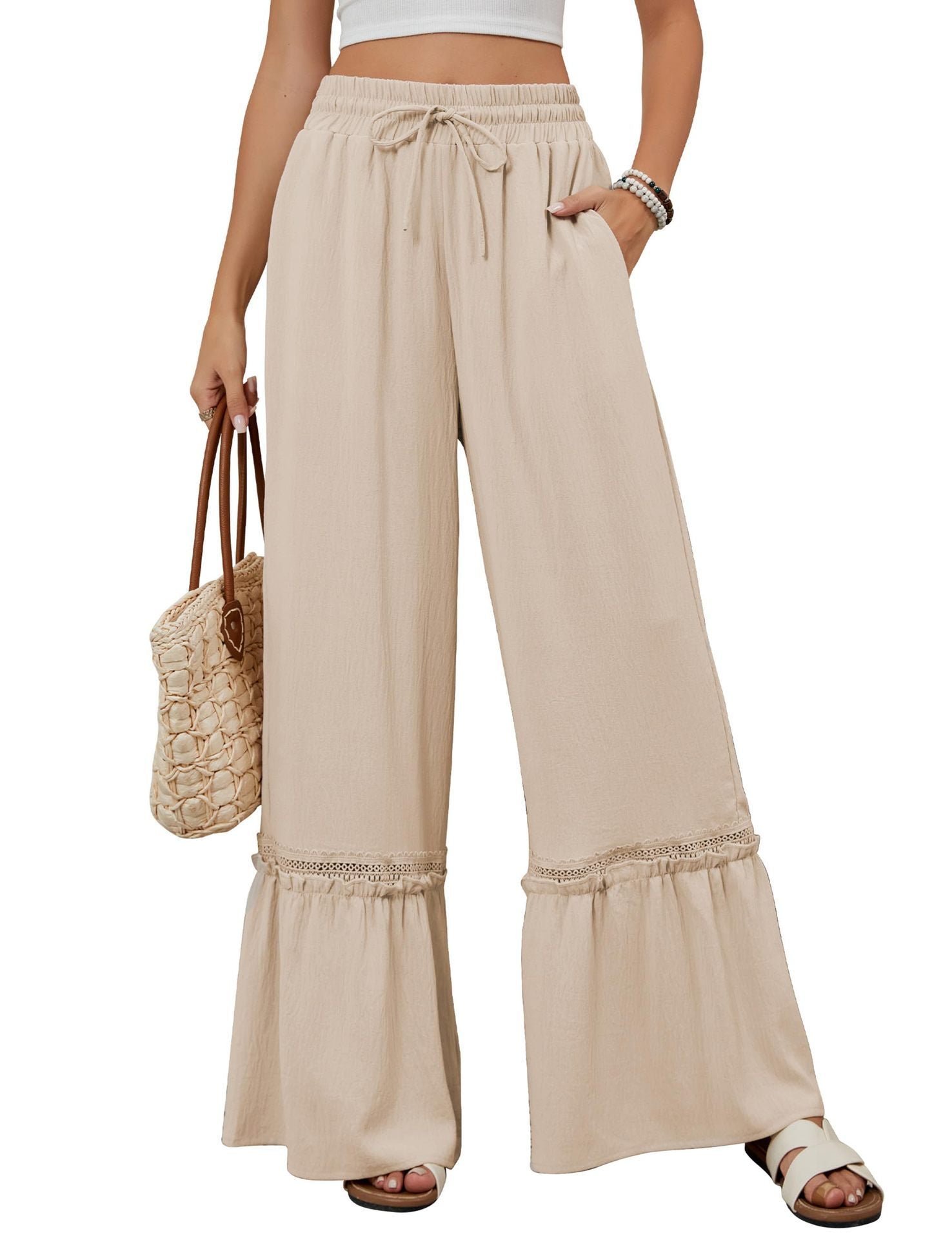 Solid Color High Waist Casual Pants Women's Drawstring Wide Leg Pants