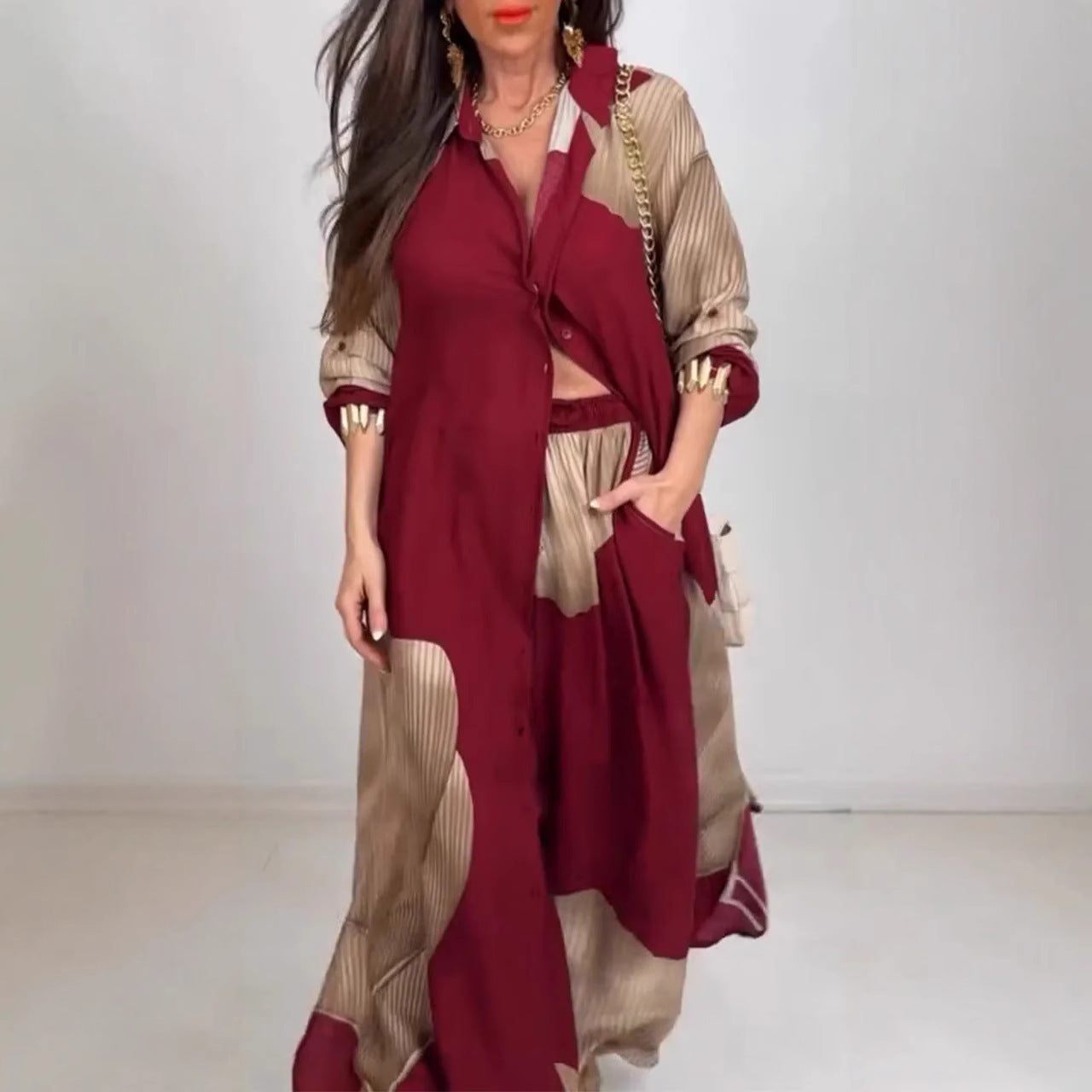 Three-quarter Sleeve Printed Top And Pants Suit