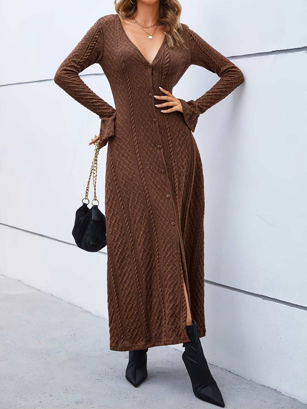 Elegant Buttons Slit Long Dress, Casual Deep V Neck Long Sleeve Waist Long Dresses